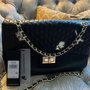 Karl Lagerfeld Paris Black Quilted Agyness Flag Bag, NWT.